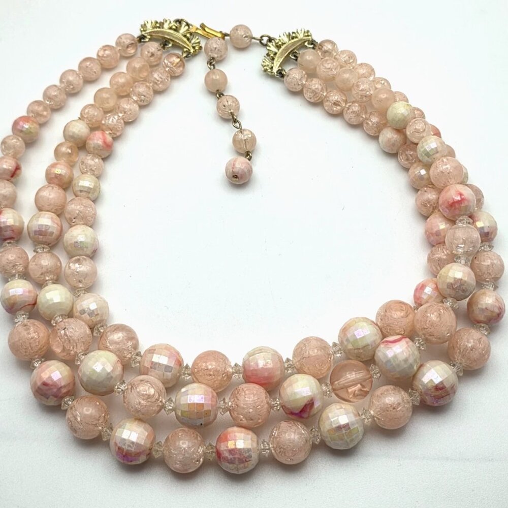 Vintage Coro Pink Lucite Bead Necklace Multi Strand Graduated AB Disco Ball 17 I - Picture 10 of 10